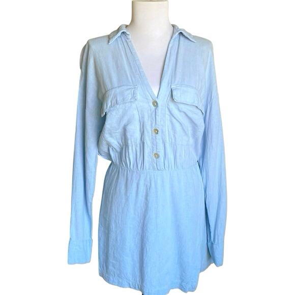 ZARA Linen Long Sleeved Button Up Romper Shirt‎ Dress Skort Size S Beachy Preppy - Picture 1 of 11